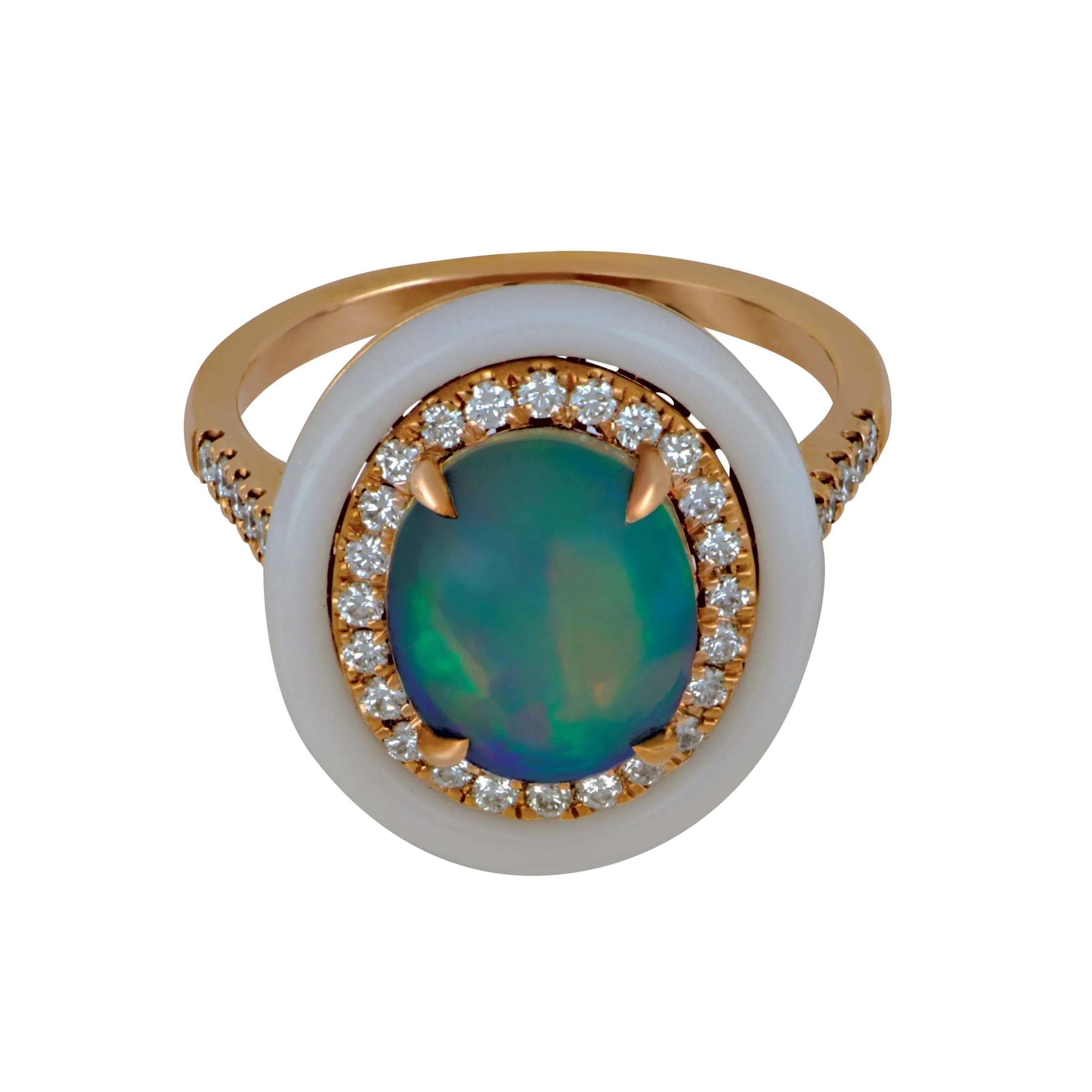 David Kord 14k Rose Gold Opal with Diamond and White Enamel Halos Ring Size 6.5, Op=1.74ct, Dias=.36tw
