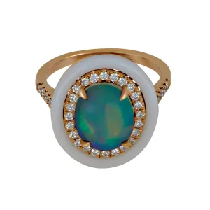 David Kord 14k Rose Gold Opal with Diamond and White Enamel Halos Ring Size 6.5, Op=1.74ct, Dias=.36tw