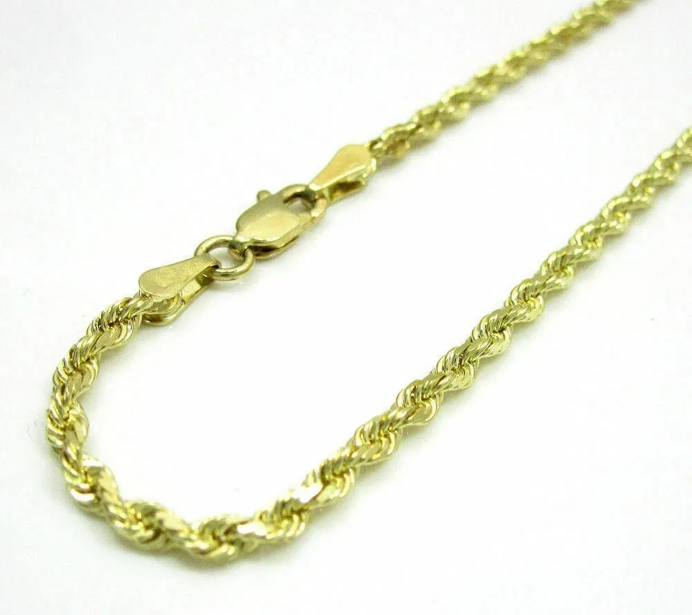 Dazzling 2mm 9" Diamond Cut Solid Rope Chain Bracelet in 14K Yellow Gold