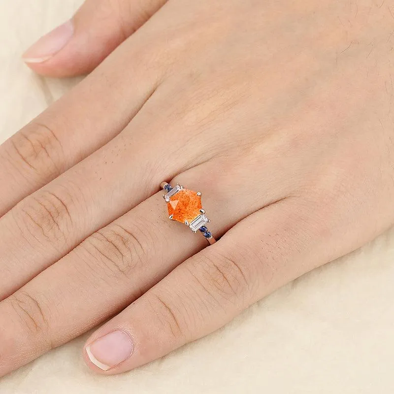 Delicate 1.35 CT Hexagon Cut  Orange Sunstone  14k Rose Gold Sapphire Ring