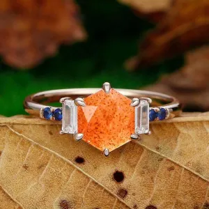 Delicate 1.35 CT Hexagon Cut  Orange Sunstone  14k Rose Gold Sapphire Ring