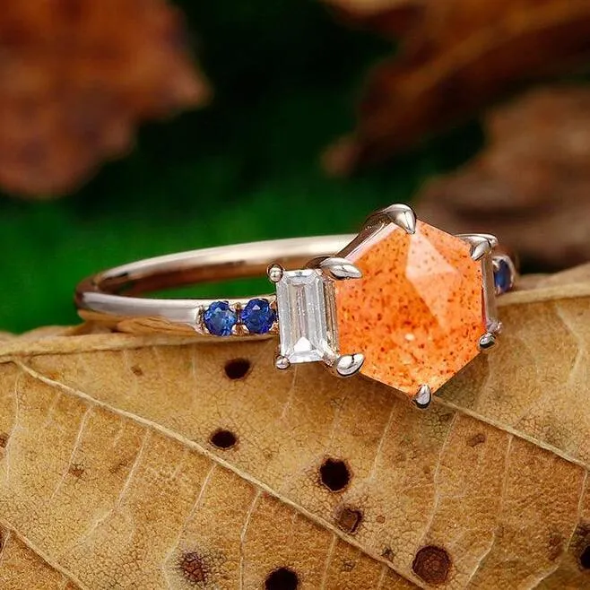 Delicate 1.35 CT Hexagon Cut  Orange Sunstone  14k Rose Gold Sapphire Ring