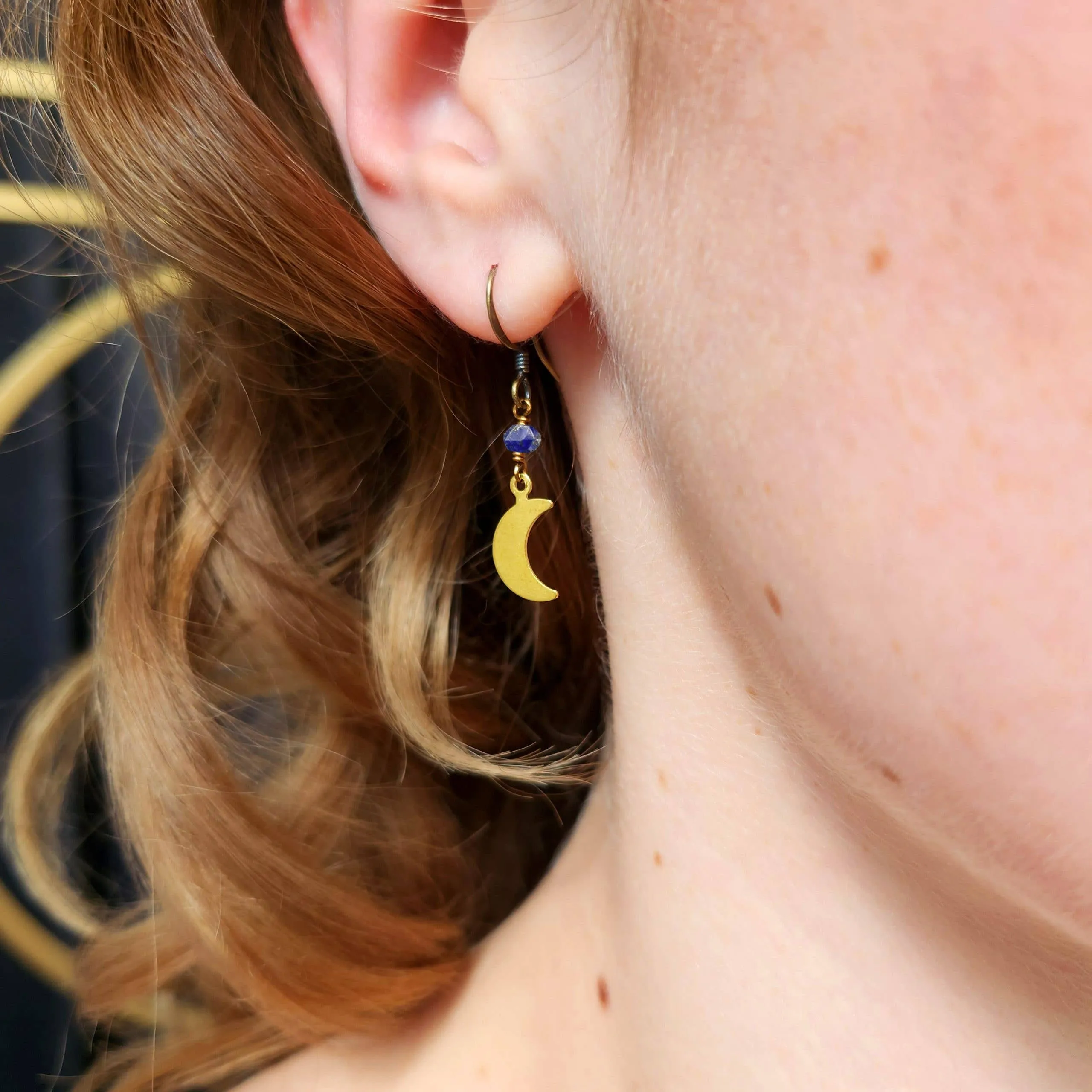 Delicate Blue Lapis Dainty Moon Earrings