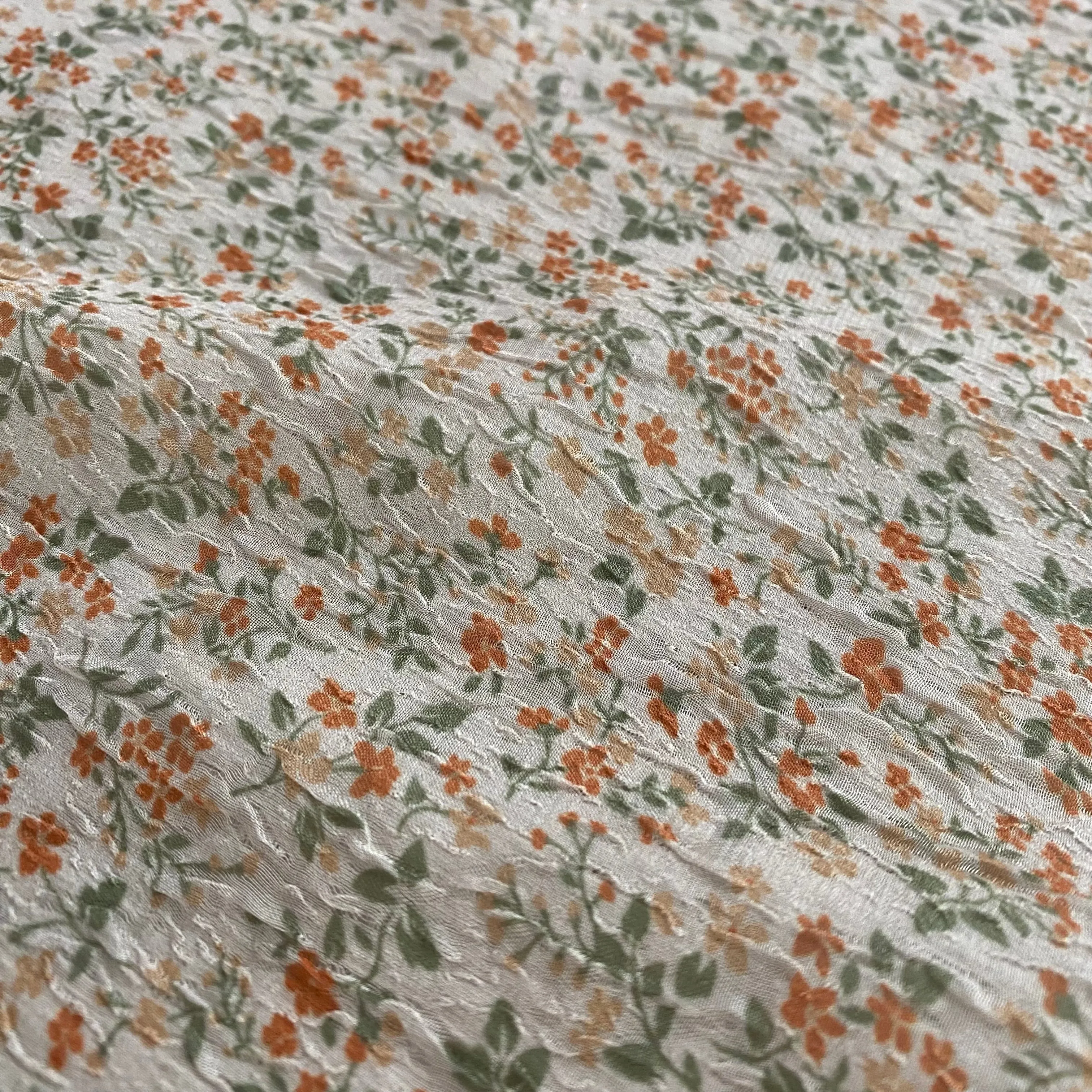 Delicate Floral Crinkled Chiffon - Orange/Medium Sea Green