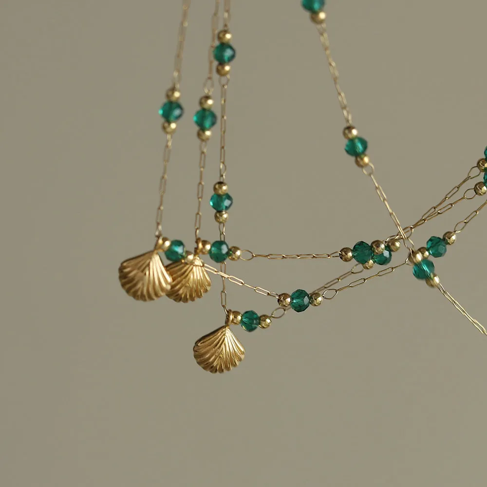 Delicate Gold-Plated Shell Pendant Necklace with Green Glass Beads