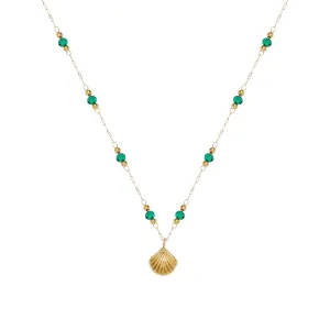 Delicate Gold-Plated Shell Pendant Necklace with Green Glass Beads