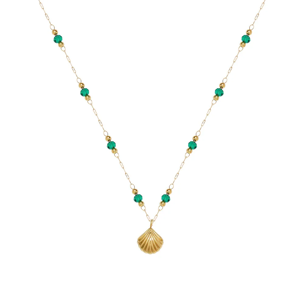 Delicate Gold-Plated Shell Pendant Necklace with Green Glass Beads