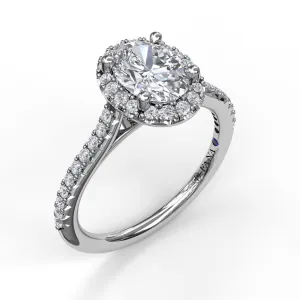 Delicate Oval Shaped Halo &  Pave Band Engagement Ring
