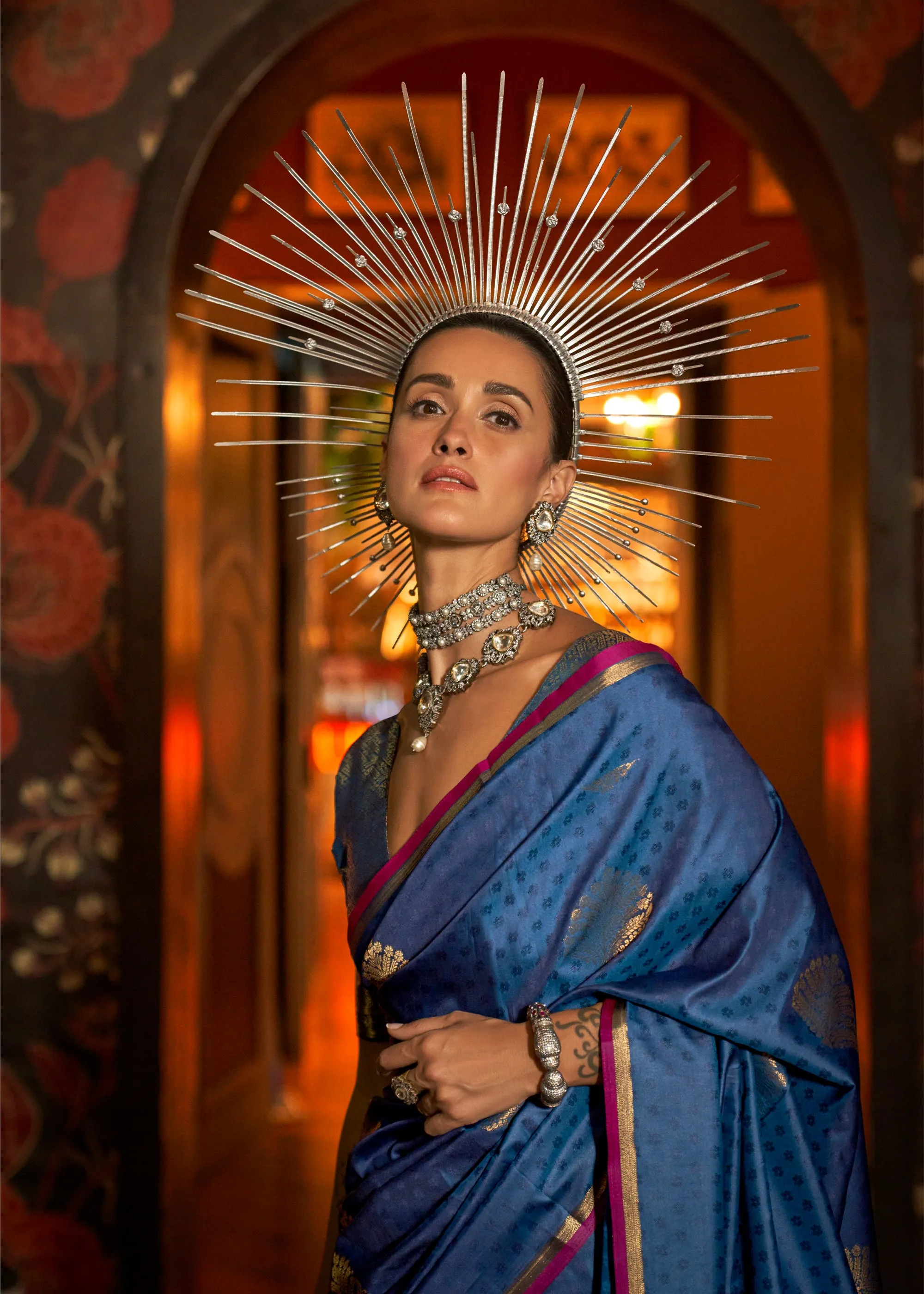 Denim Blue Woven Banarasi Satin Silk Saree
