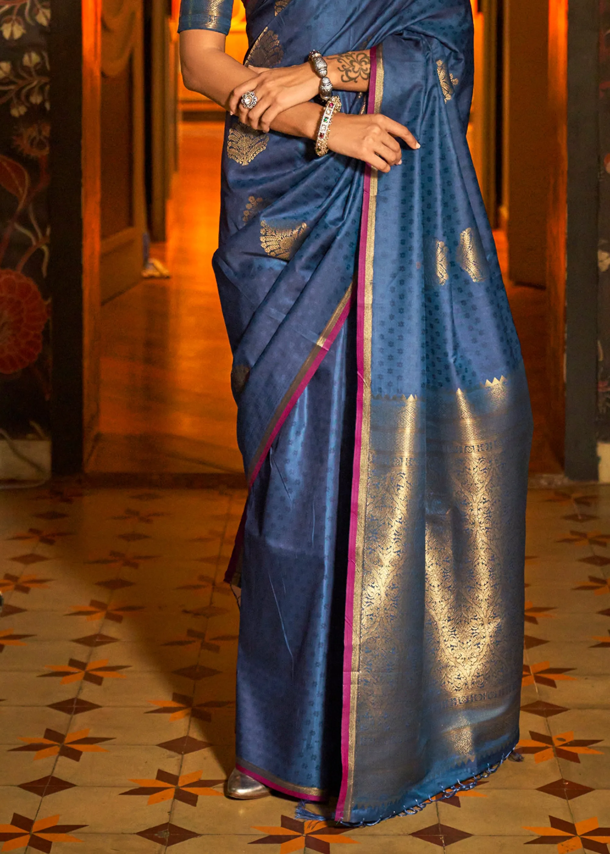 Denim Blue Woven Banarasi Satin Silk Saree
