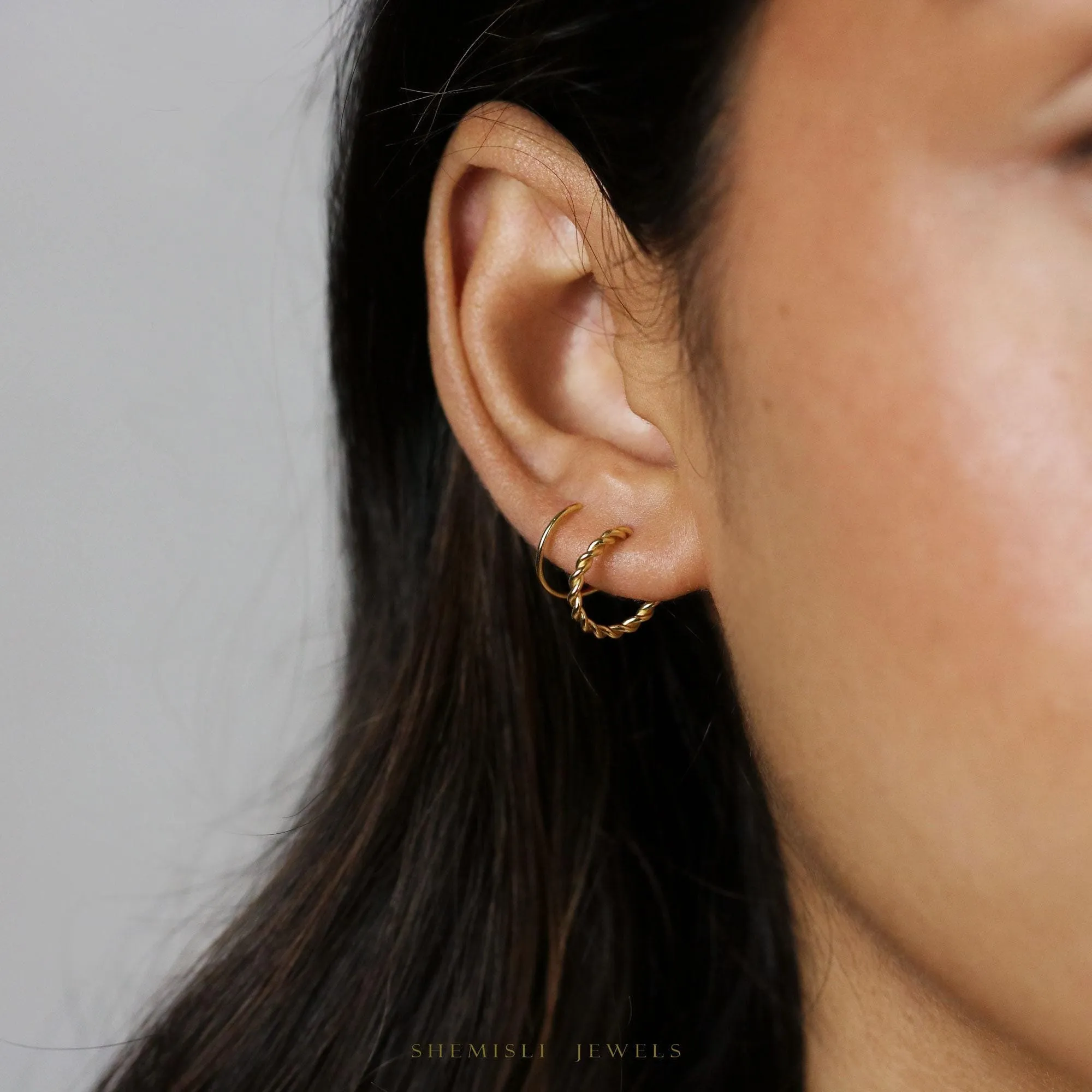 Double Hoop Earring - Only 1 Piercing needed, Unisex, Gold, Silver SHEMISLI - SH121 NOBKG LR