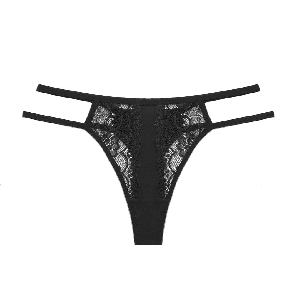 Double Strip Waistband Women Panties - Patchwork G-String with Floral Lace and Cotton, Ideal Intimates