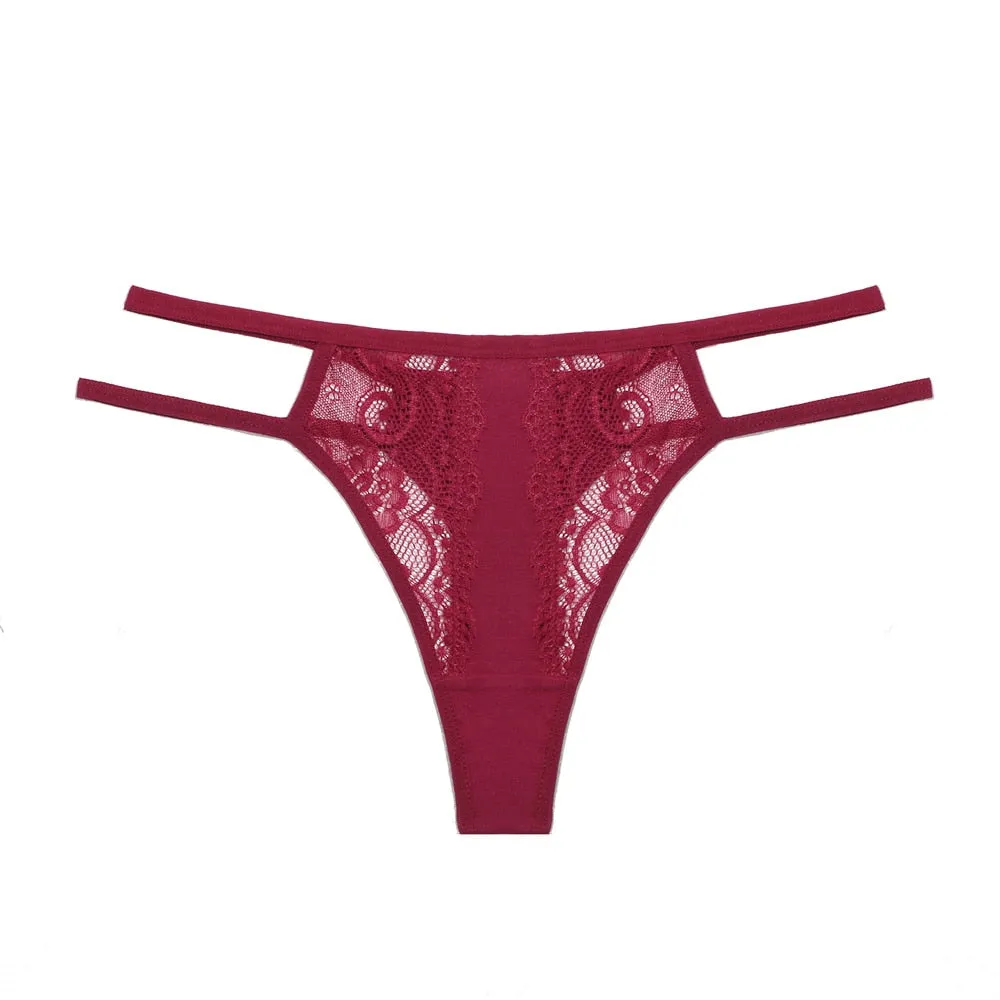 Double Strip Waistband Women Panties - Patchwork G-String with Floral Lace and Cotton, Ideal Intimates