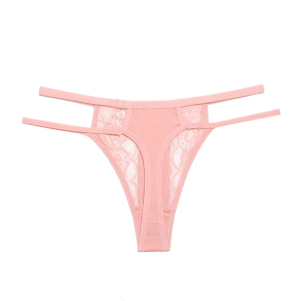 Double Strip Waistband Women Panties - Patchwork G-String with Floral Lace and Cotton, Ideal Intimates