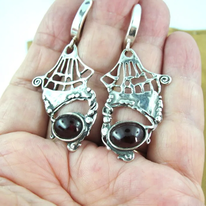 Drop Dangle Earrings 925 Sterling Silver Garnet  Handmade Hadar Designers  (H)y