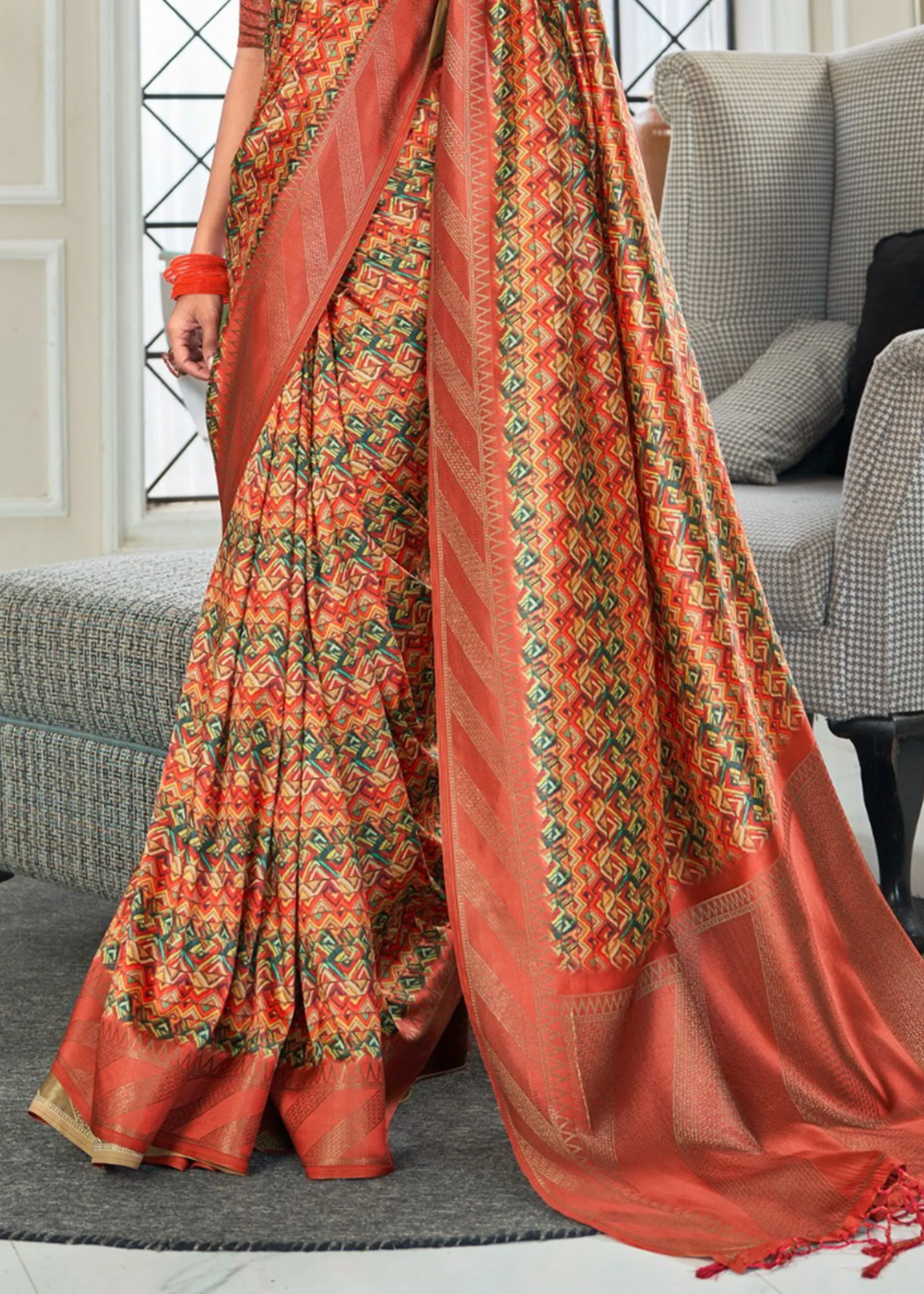 Earthy Red Woven Banarasi Silk Saree With Digital Print