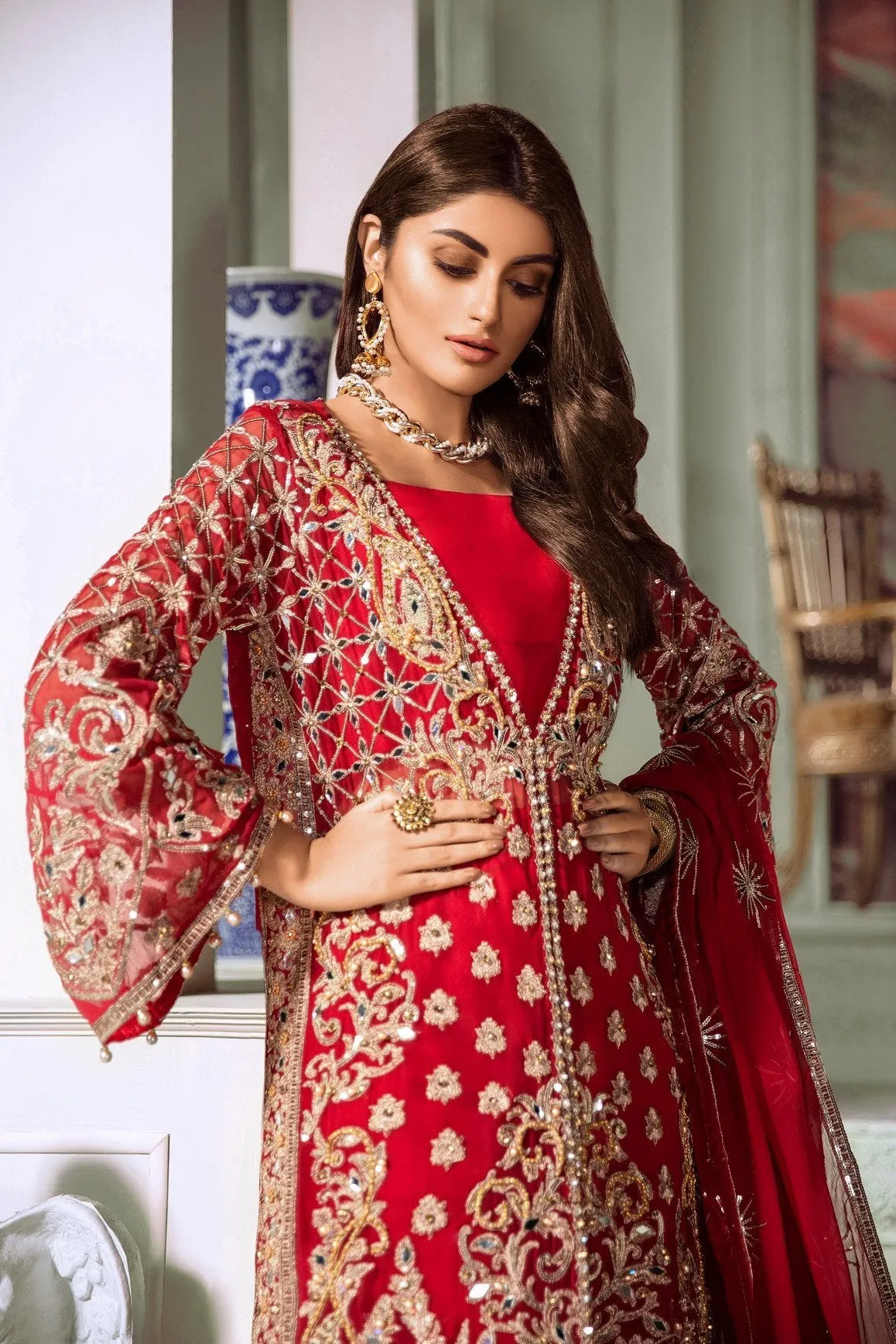 Eid Outfit with Embroidery in Rose Red Color #Z1003