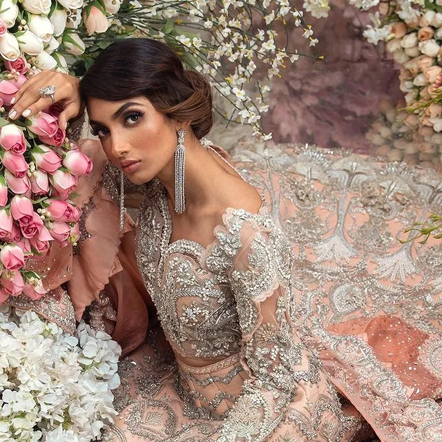 Embellished Dark Peach Lehenga for Indian Bridal Wear