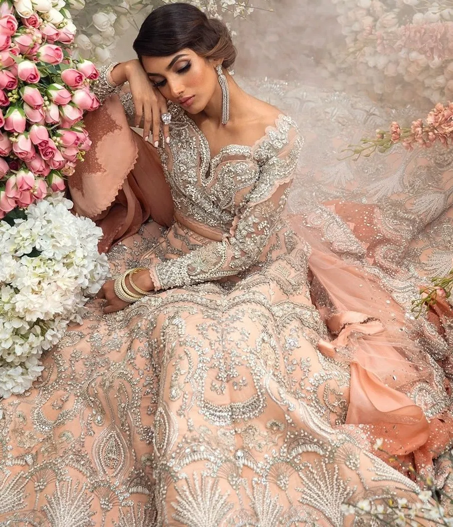 Embellished Dark Peach Lehenga for Indian Bridal Wear