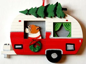 English Bulldog Dog Vintage Camper Trailer Wooden Hand-painted 3-dimensional Christmas Ornament - USA Made.