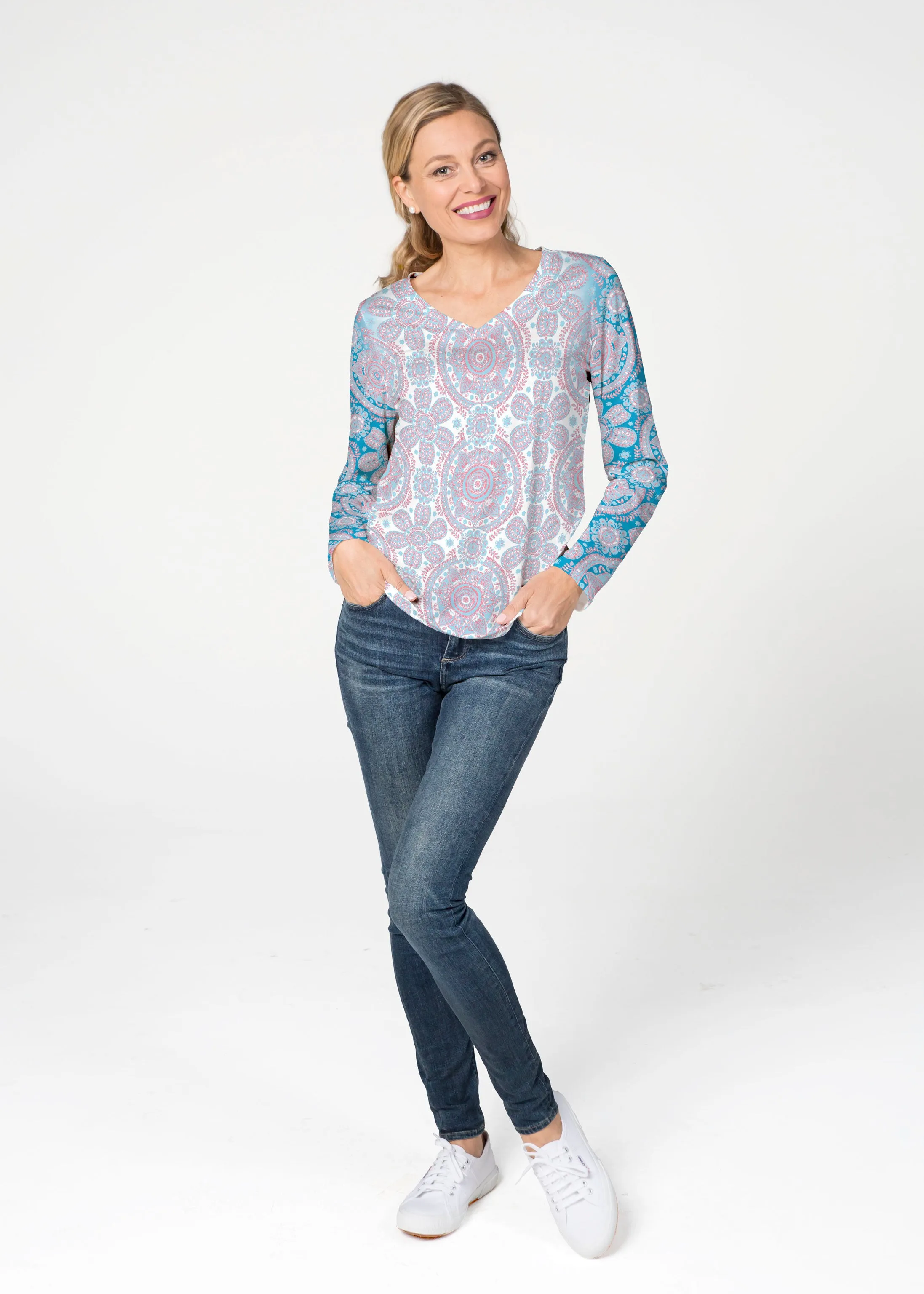 Etched Mod Blue (8033) ~ French Terry V-neck Top