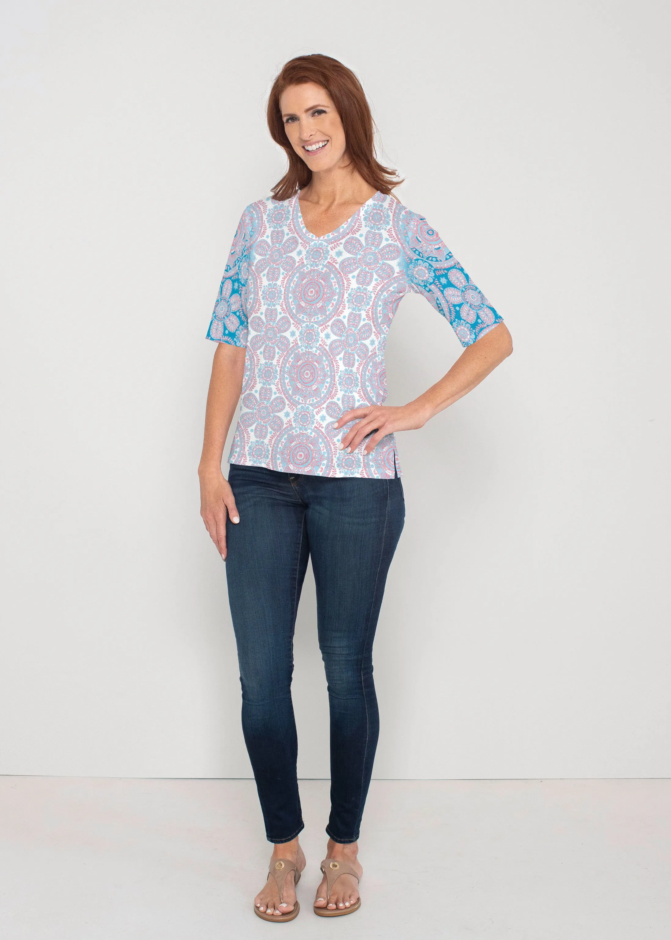 Etched Mod Blue (8033) ~ Signature Elbow Sleeve V-Neck Top