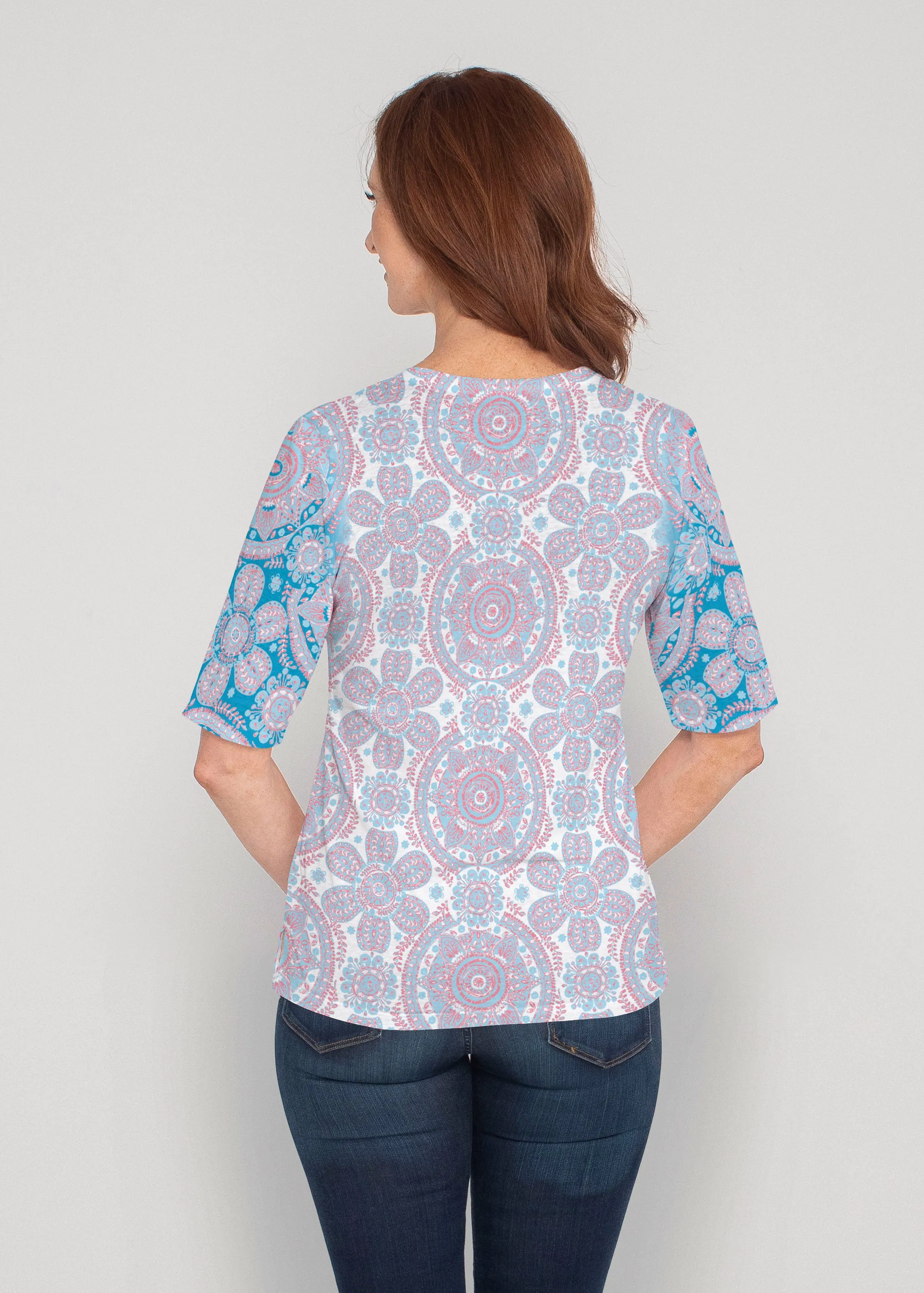 Etched Mod Blue (8033) ~ Signature Elbow Sleeve V-Neck Top