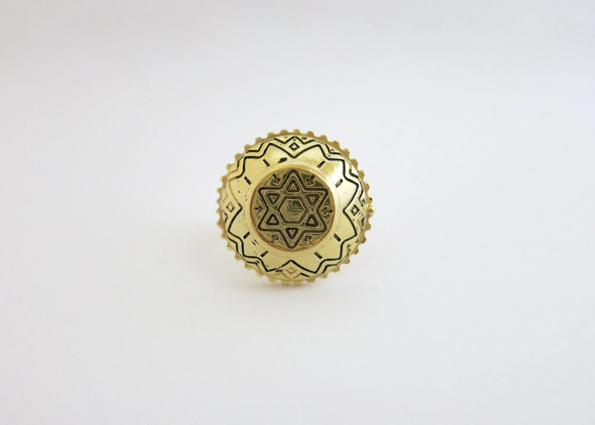 Ethno-tribal, flat top dome, gold-plated brass amulet ring