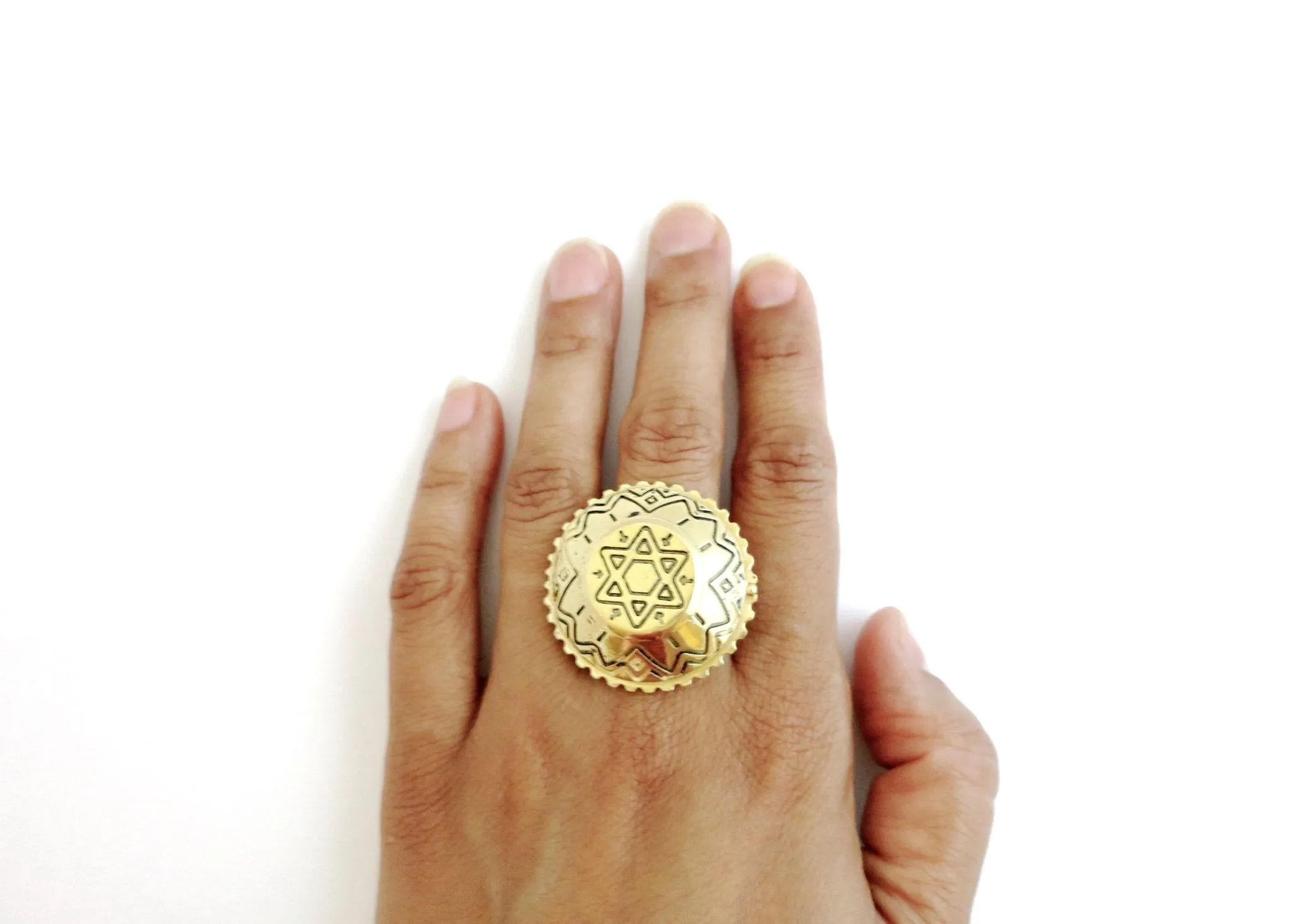 Ethno-tribal, flat top dome, gold-plated brass amulet ring