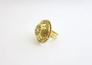 Ethno-tribal, flat top dome, gold-plated brass amulet ring