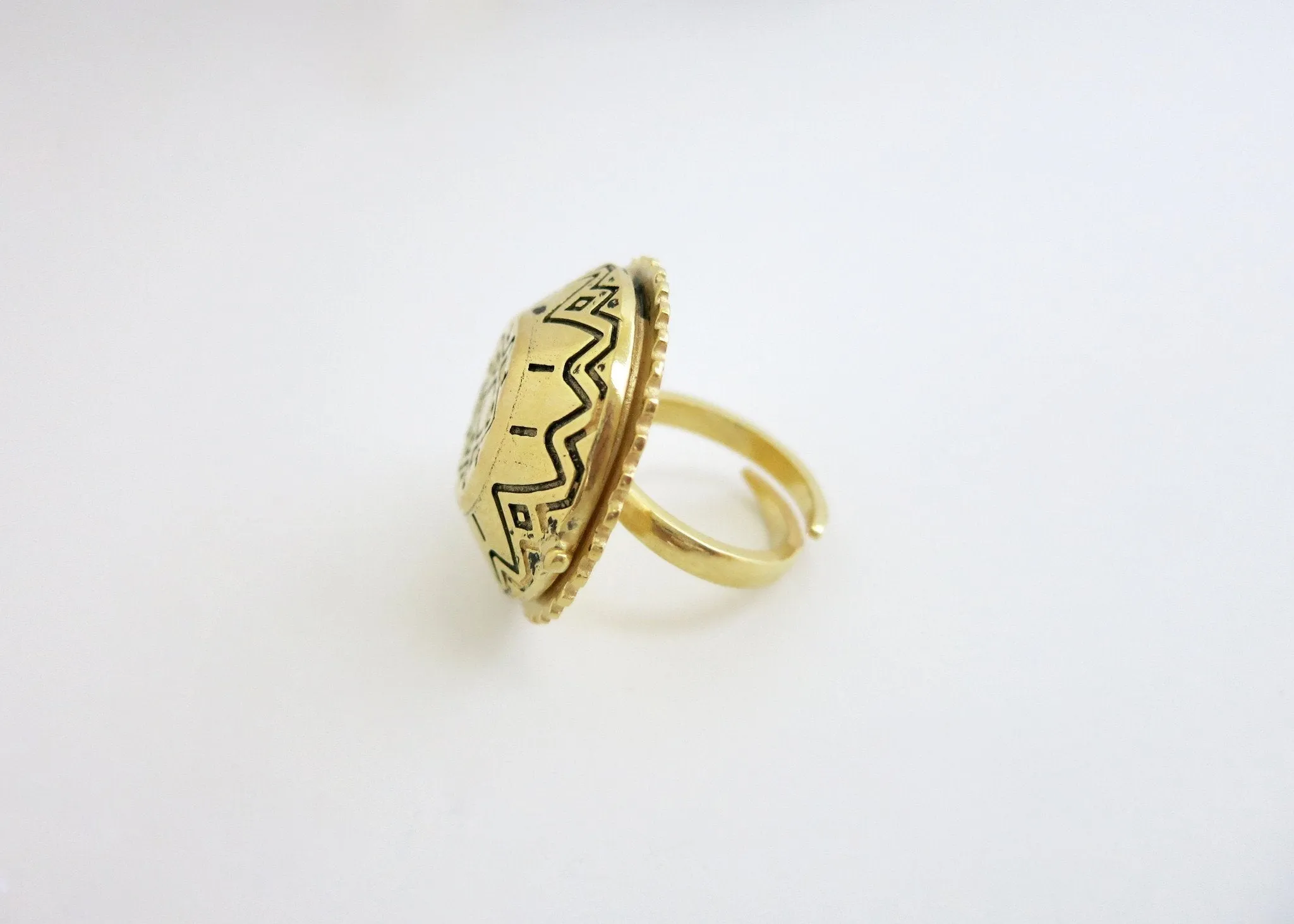 Ethno-tribal, flat top dome, gold-plated brass amulet ring
