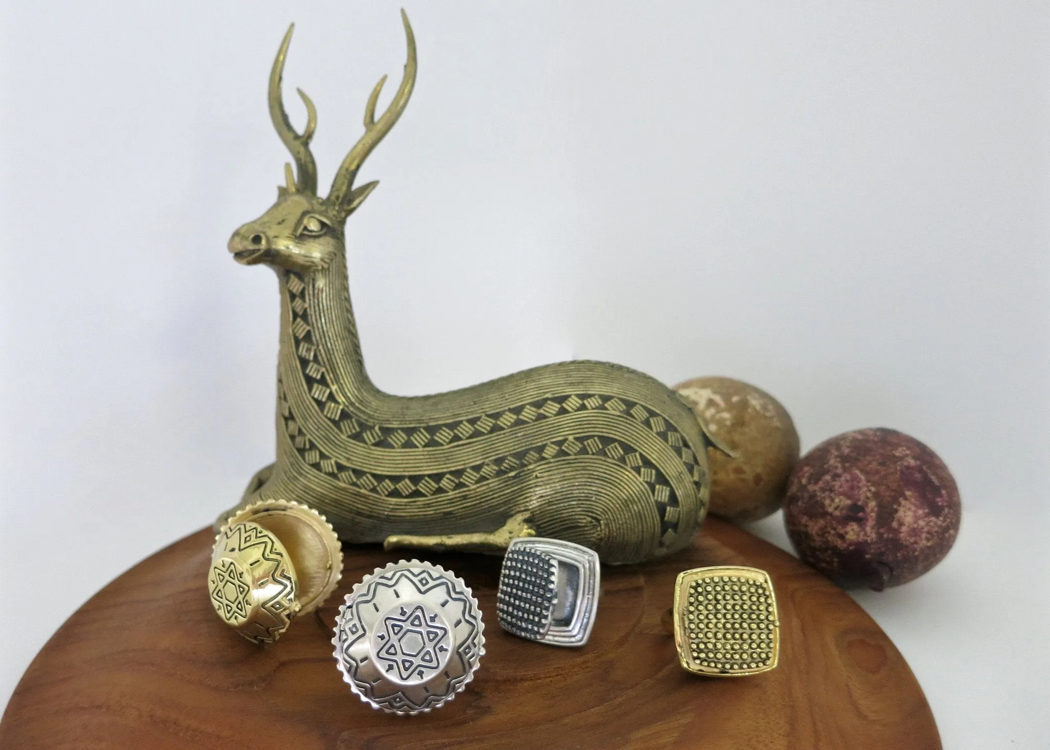 Ethno-tribal, flat top dome, gold-plated brass amulet ring