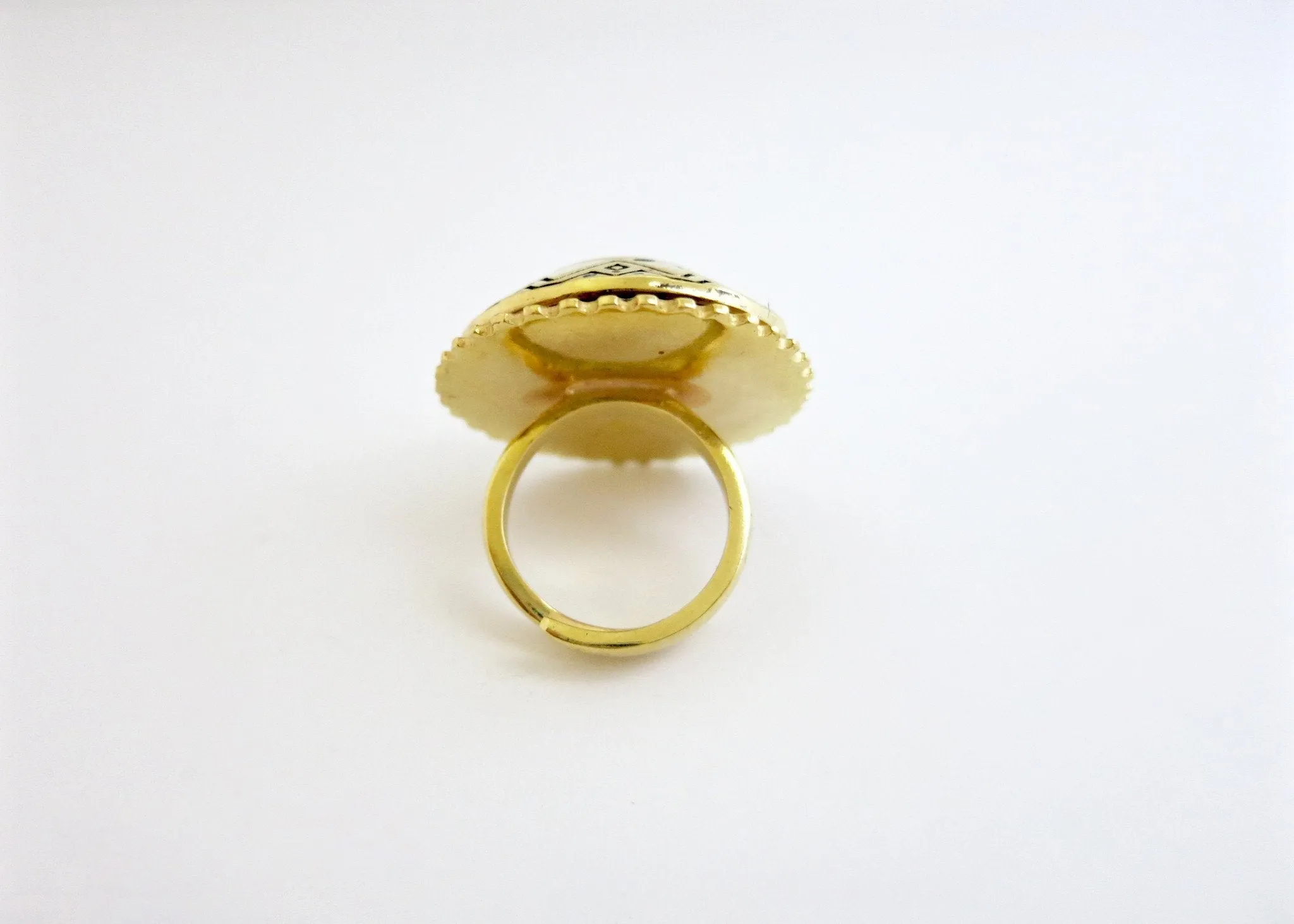 Ethno-tribal, flat top dome, gold-plated brass amulet ring