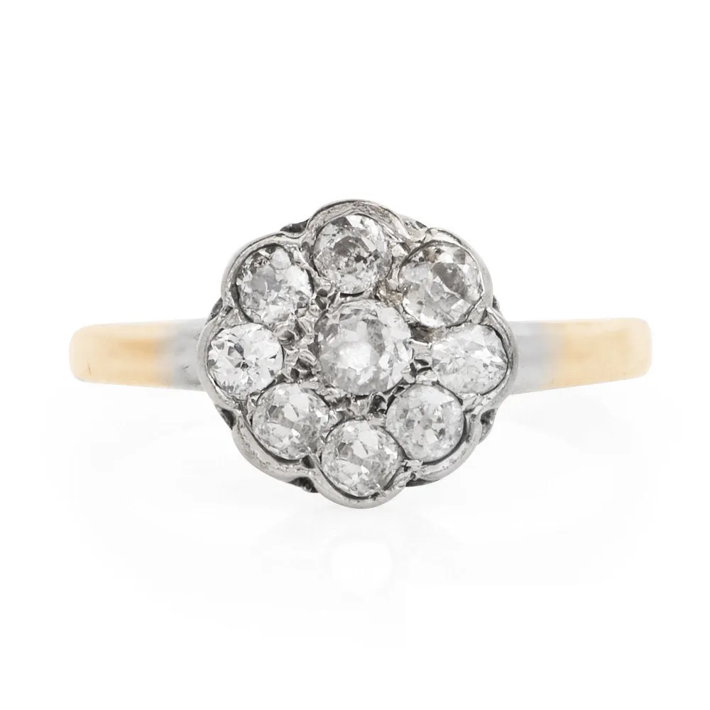 European Cut Floral Cluster Ring in Bicolor 14K White and Yellow Gold
