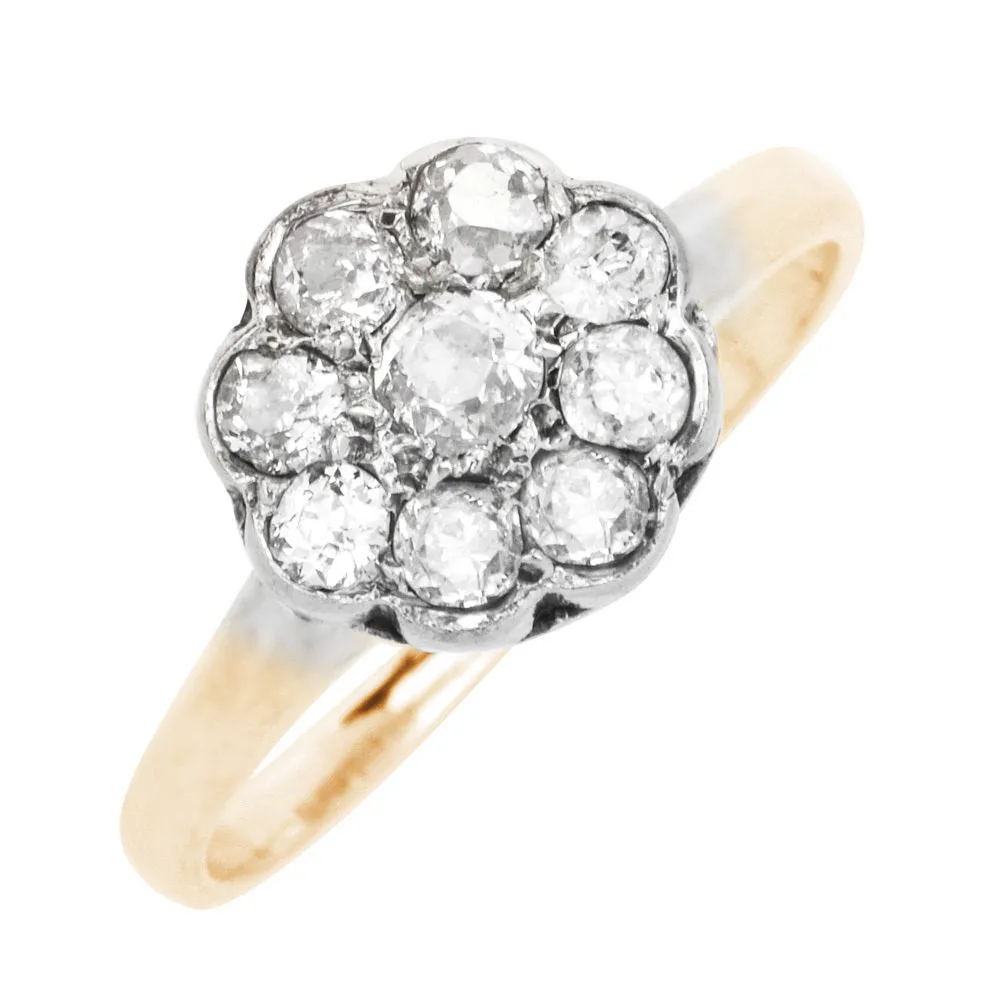 European Cut Floral Cluster Ring in Bicolor 14K White and Yellow Gold