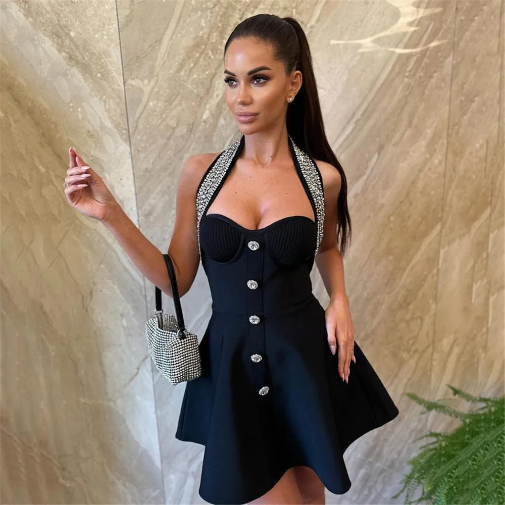 Exquisite French-Inspired Diamond Halter Neck Backless Dress for Elegant Evenings