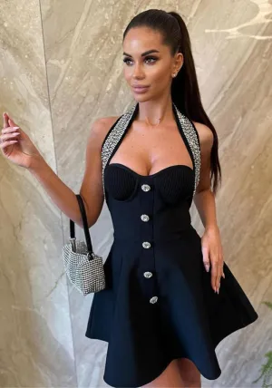 Exquisite French-Inspired Diamond Halter Neck Backless Dress for Elegant Evenings
