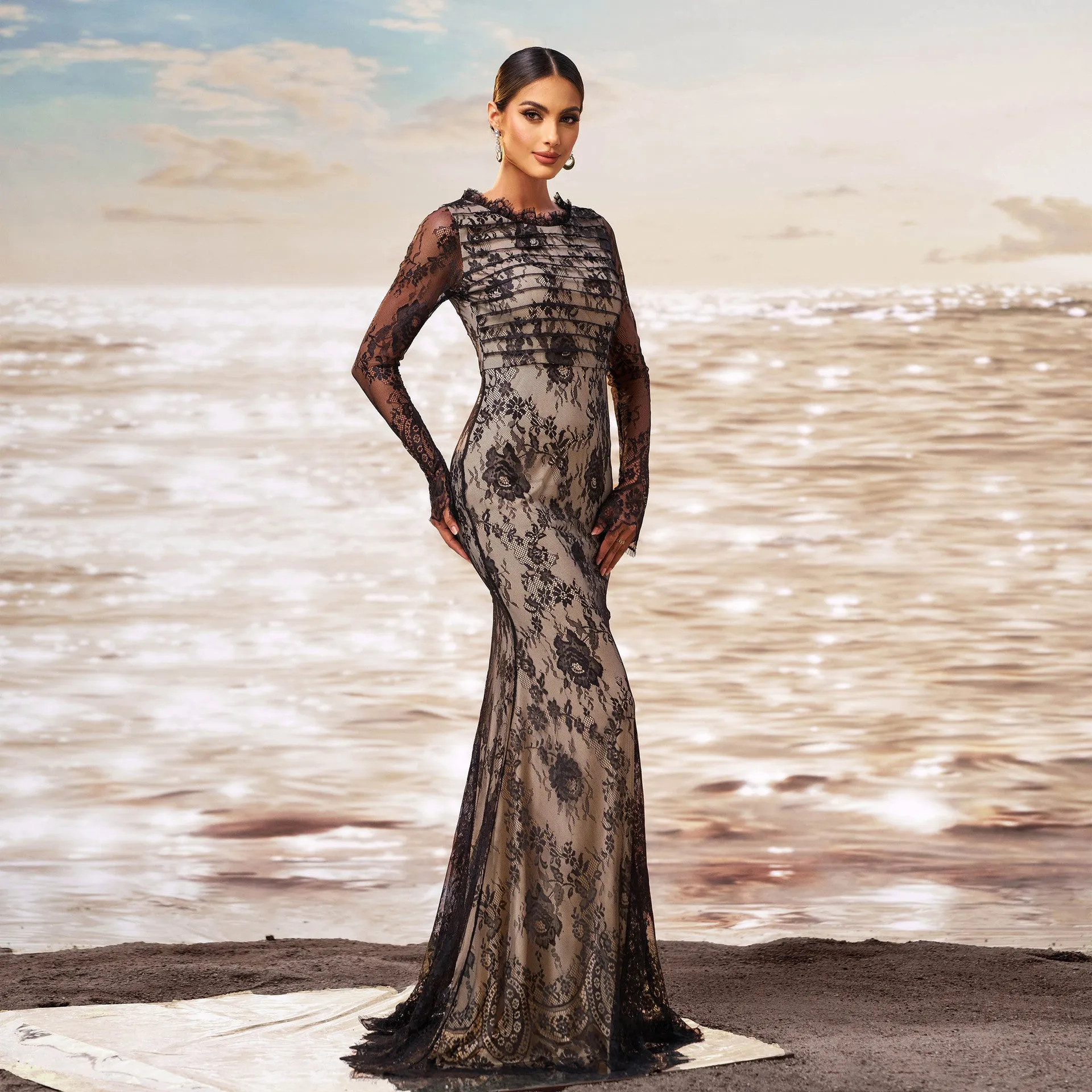 Exquisite Long-Sleeve Lace Fishtail Evening Gown with Sheer Elegance