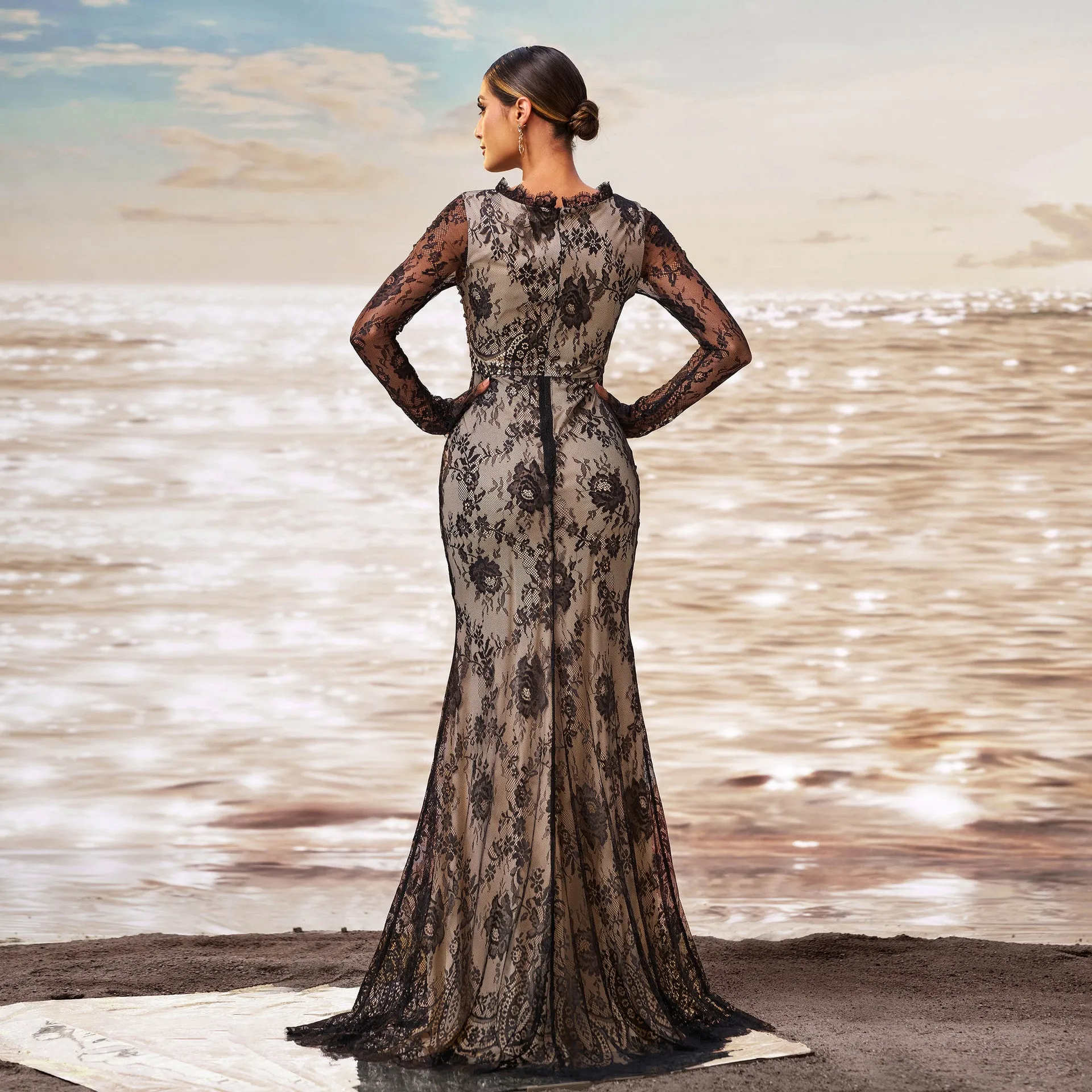 Exquisite Long-Sleeve Lace Fishtail Evening Gown with Sheer Elegance