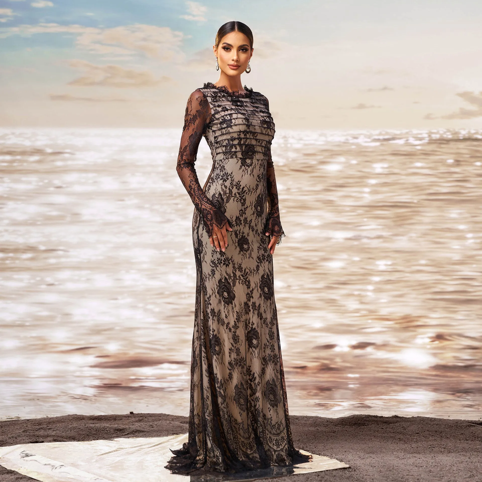 Exquisite Long-Sleeve Lace Fishtail Evening Gown with Sheer Elegance