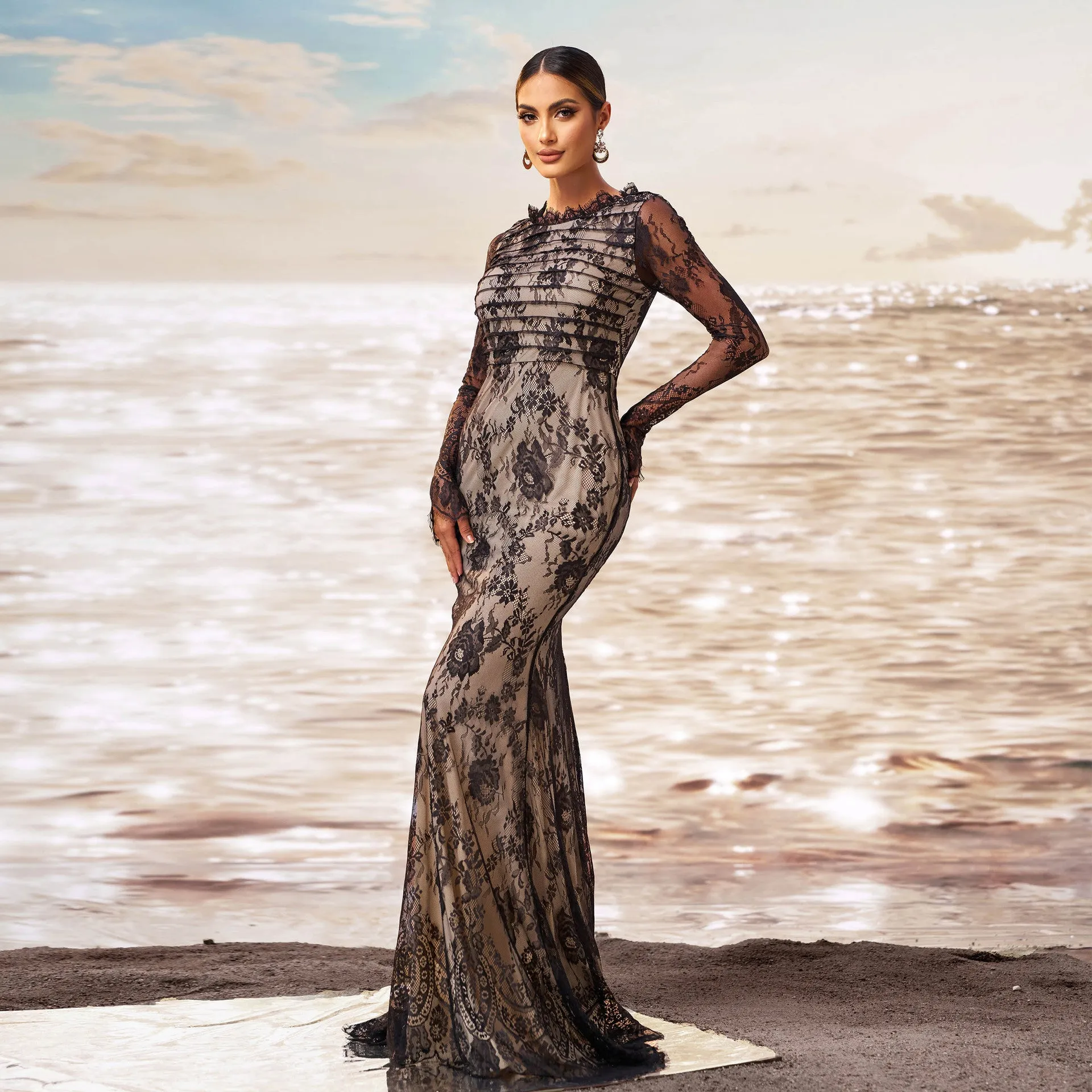 Exquisite Long-Sleeve Lace Fishtail Evening Gown with Sheer Elegance