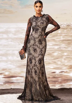 Exquisite Long-Sleeve Lace Fishtail Evening Gown with Sheer Elegance