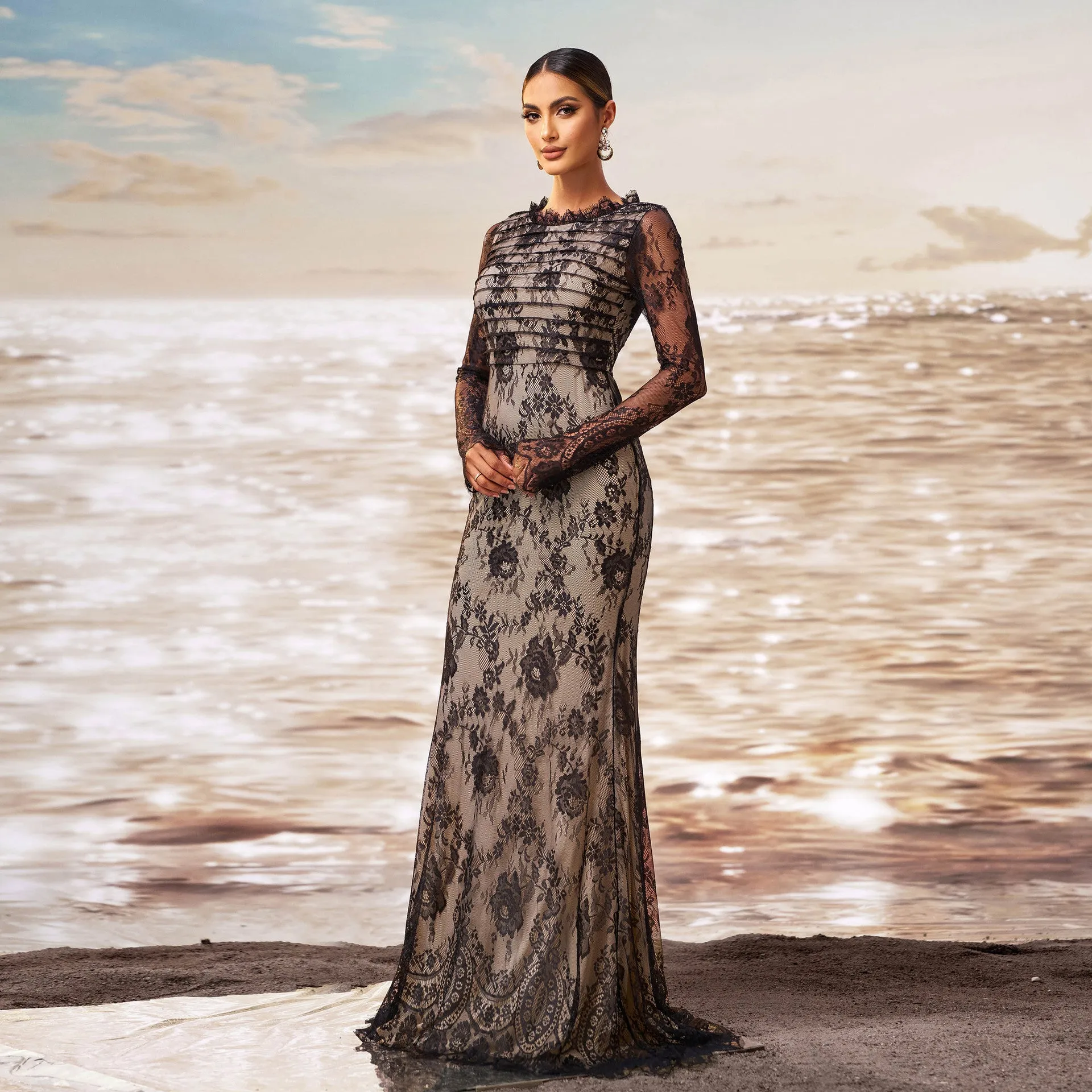 Exquisite Long-Sleeve Lace Fishtail Evening Gown with Sheer Elegance