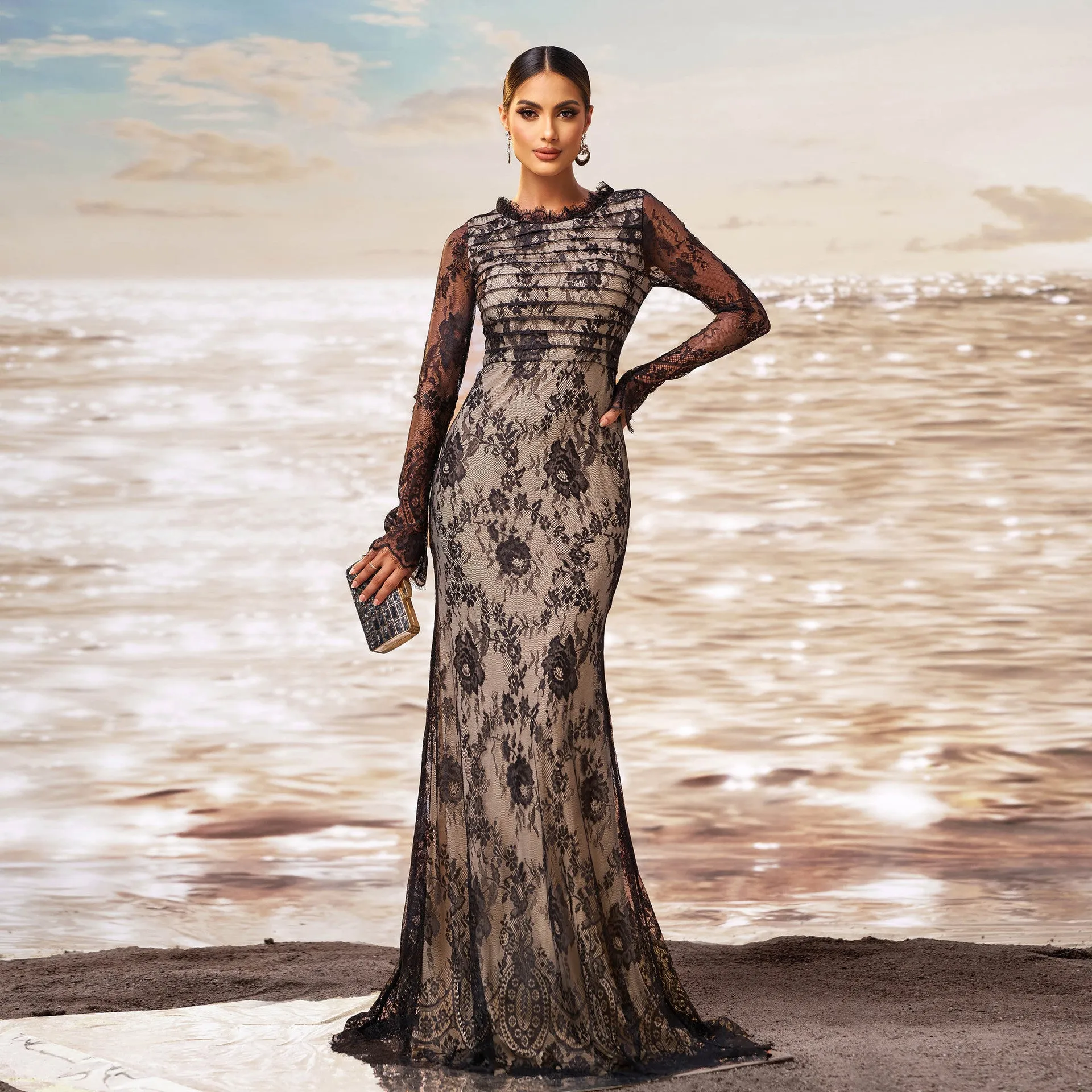 Exquisite Long-Sleeve Lace Fishtail Evening Gown with Sheer Elegance