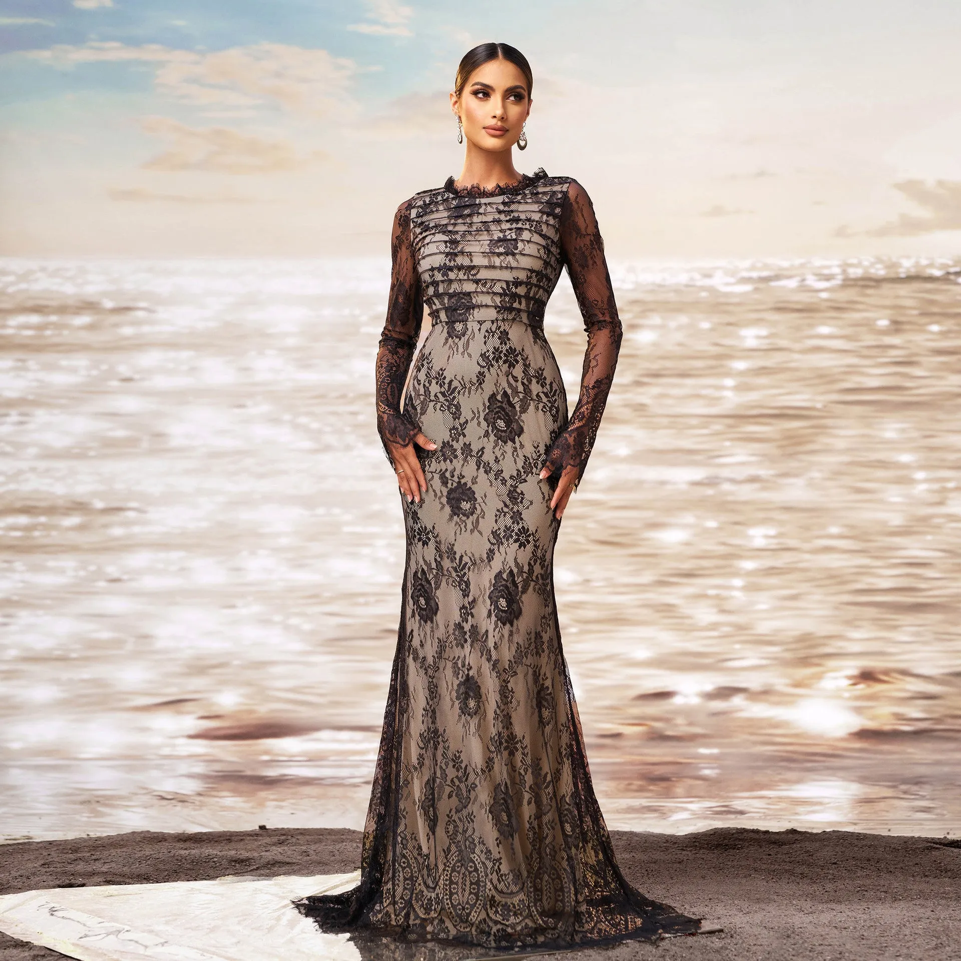 Exquisite Long-Sleeve Lace Fishtail Evening Gown with Sheer Elegance