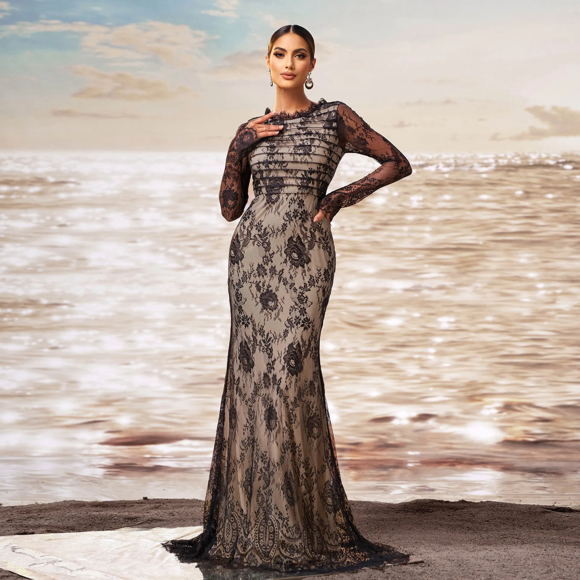 Exquisite Long-Sleeve Lace Fishtail Evening Gown with Sheer Elegance