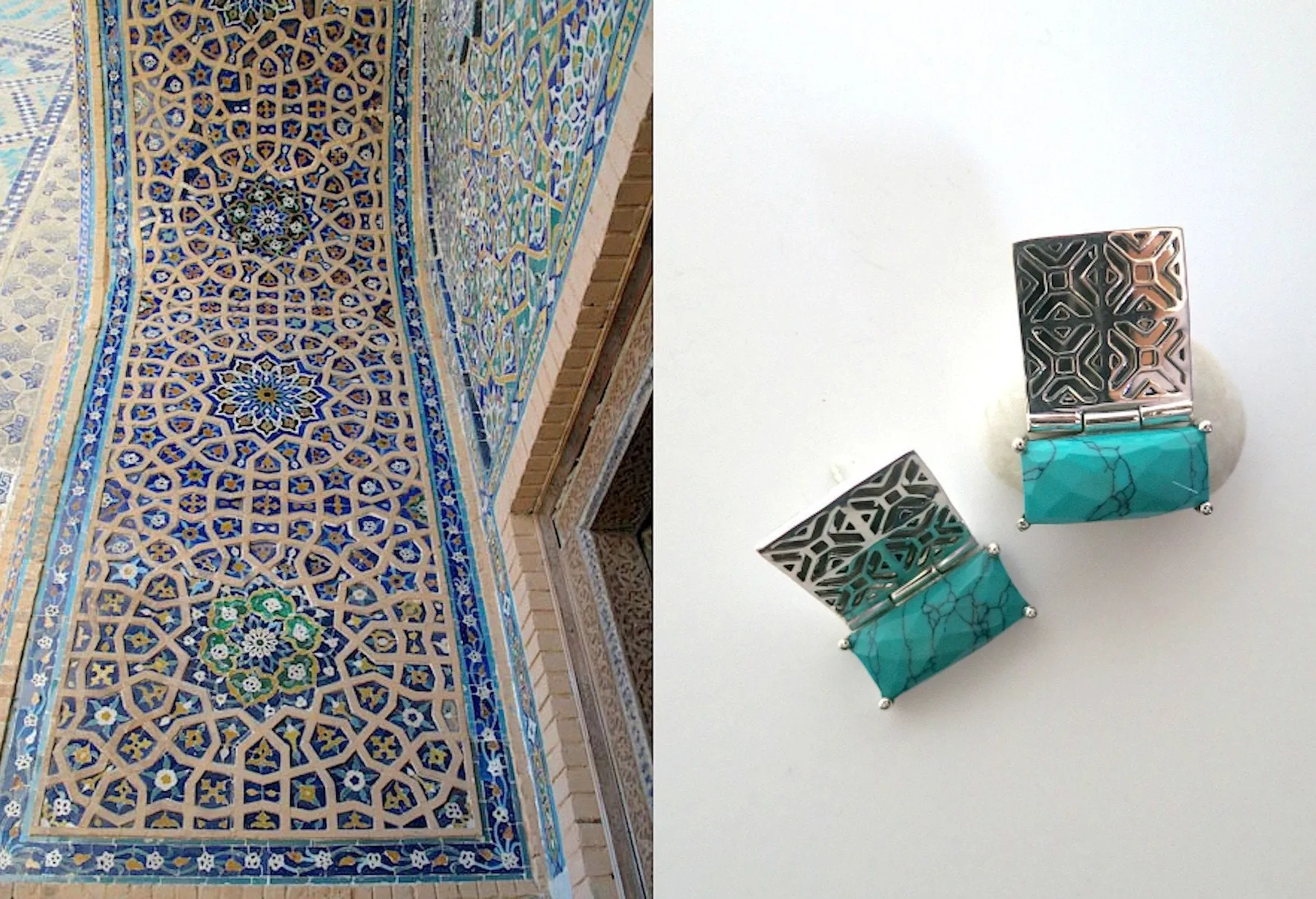 Exquisite, rectangular Samarkand jali pattern earrings with faceted turquoise