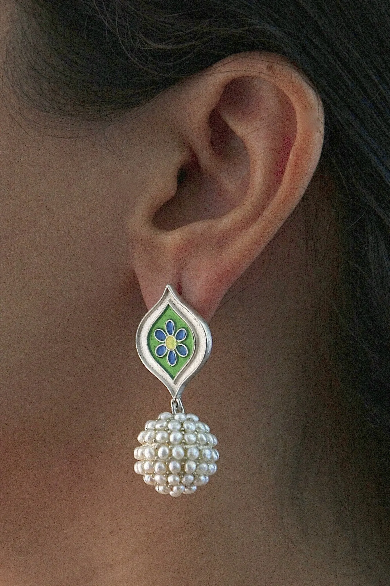 Exquisite, seed pearl earrings with enamel work