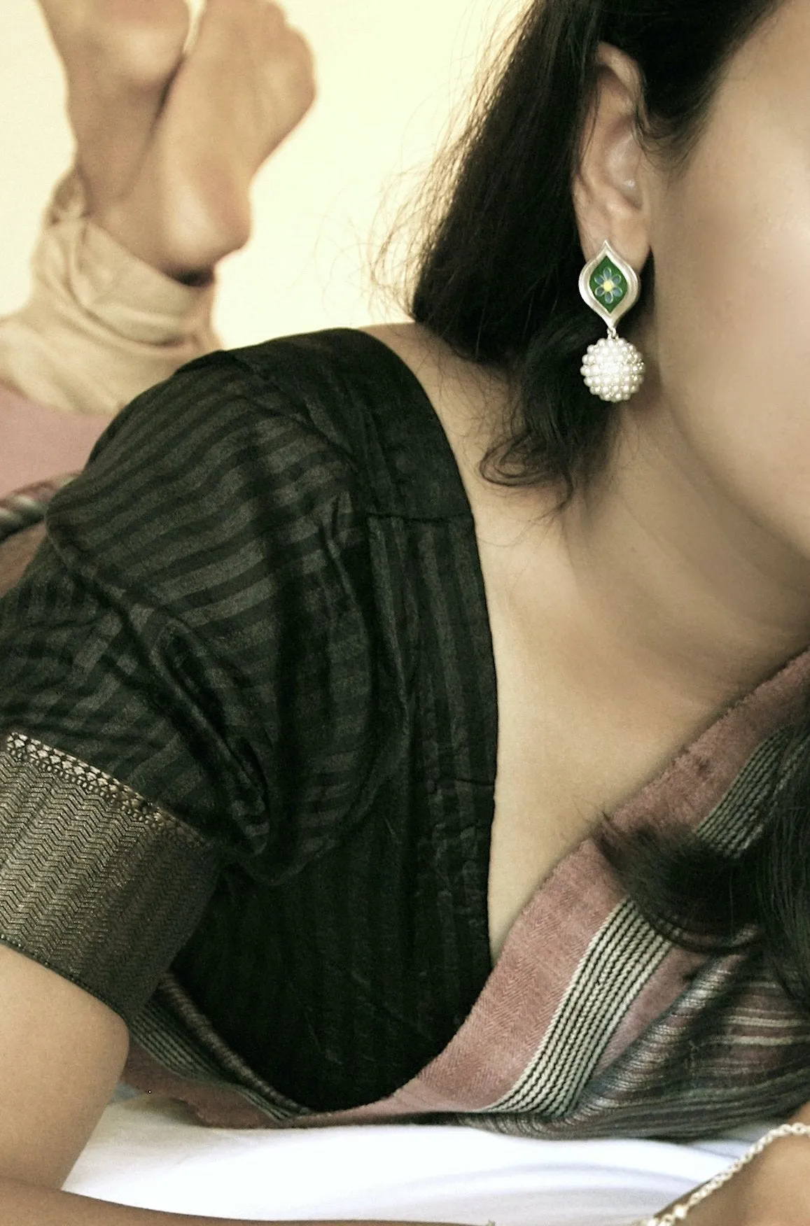 Exquisite, seed pearl earrings with enamel work