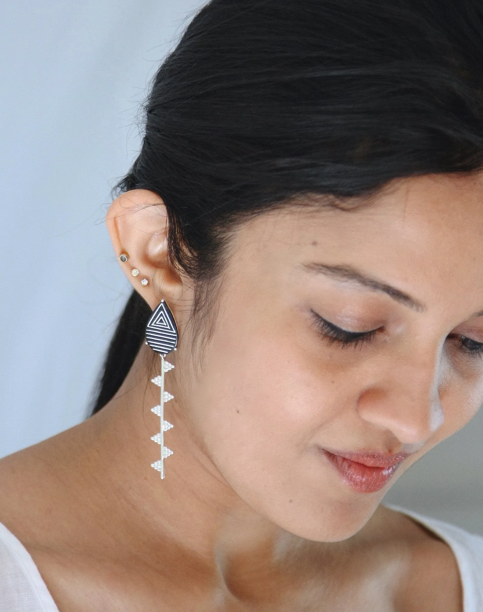 Exquisite, sleek, long Bidri earrings with granulation work
